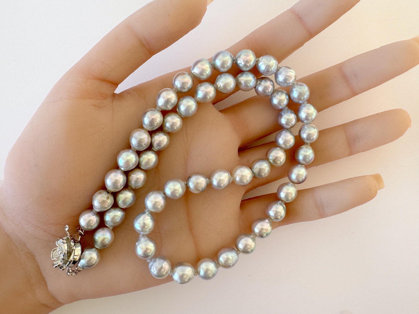 Japanese Akoya Pearl Necklace - Natural Blue Silver, 7.5-8mm