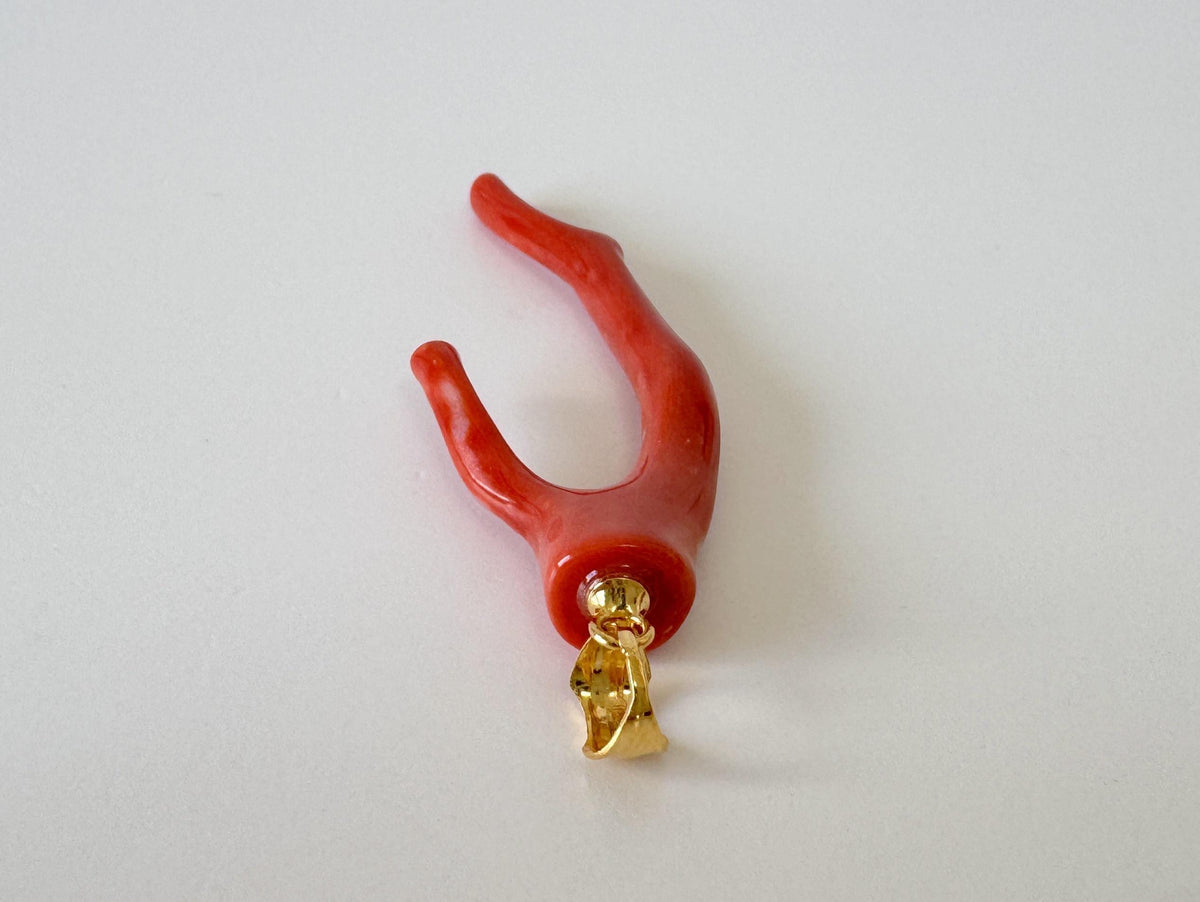Momo Coral Branch Pendant Natural Jewelry: Vermilion Orange Japanese Coral (42mm, Silver Gold-Plated Bail, Lightweight)