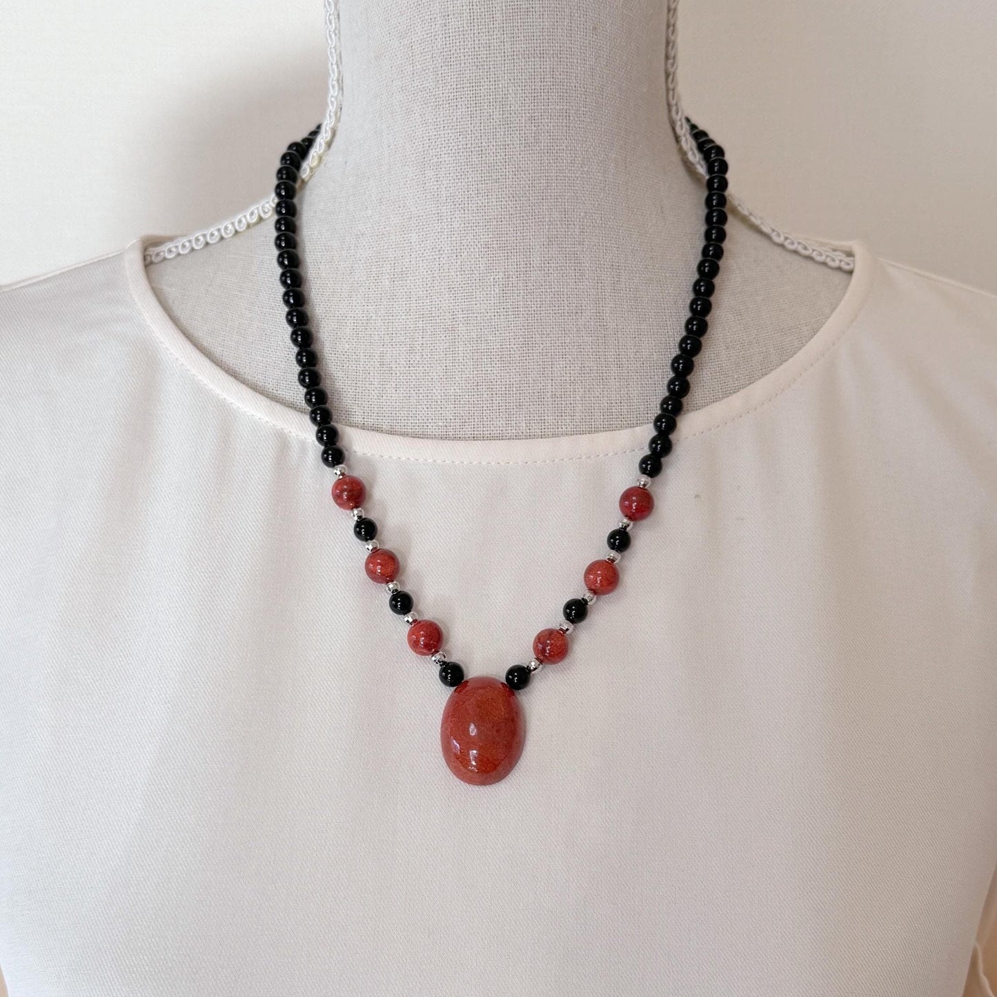 Onyx, Sponge Coral Necklace, Brass Hook & Adjuster