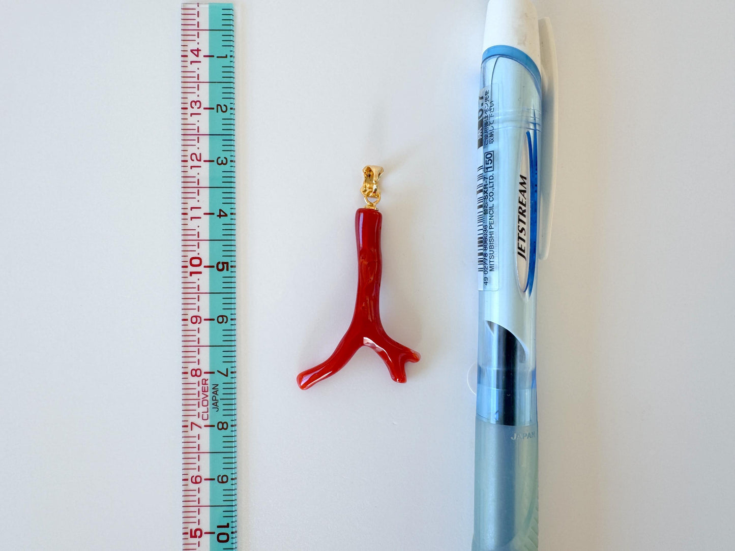 Natural Red Coral Branch Pendant: Oxblood Japanese Aka Coral, Gold Plated Silver Bail, 37mm