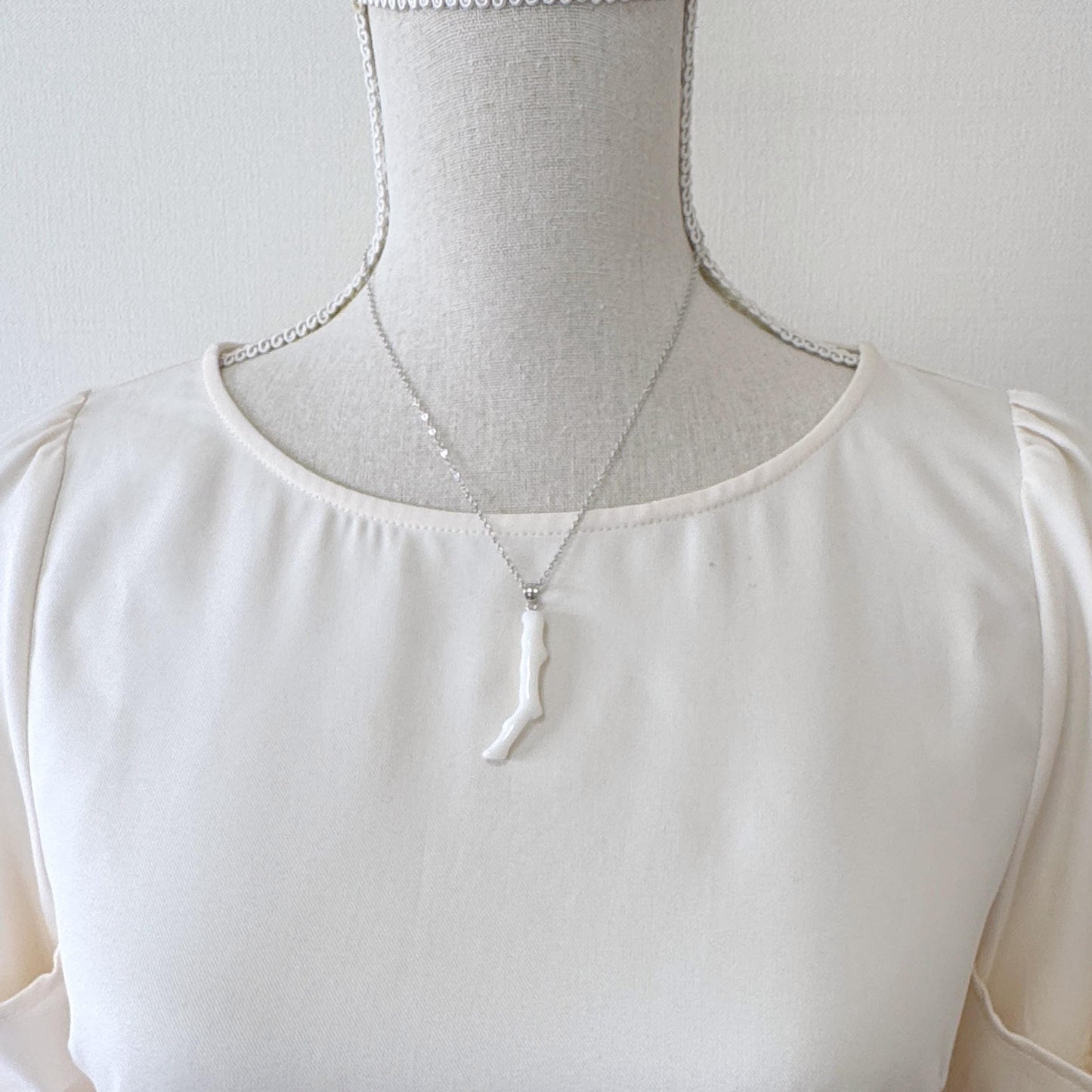 Natural Japanese White Coral Branch Pendant, 43mm, Natural White color genuine precious coral, Silver Bail (Rhodium-Plated)