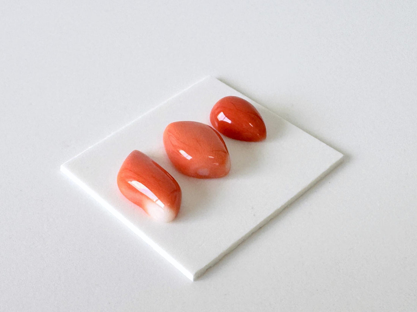 Momo Coral, Japanese Orange Unique Shaped Cabochon Set Of 3, Natural Flat Back - Half-Drilled | 9.2-13 X 6.6-8.2mm