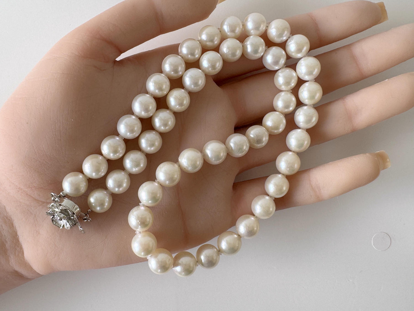 Japanese Akoya Pearl Necklace: White 8.5-9mm Cultured Strand, Silver Clasp | Saltwater Gems, 45cm Length