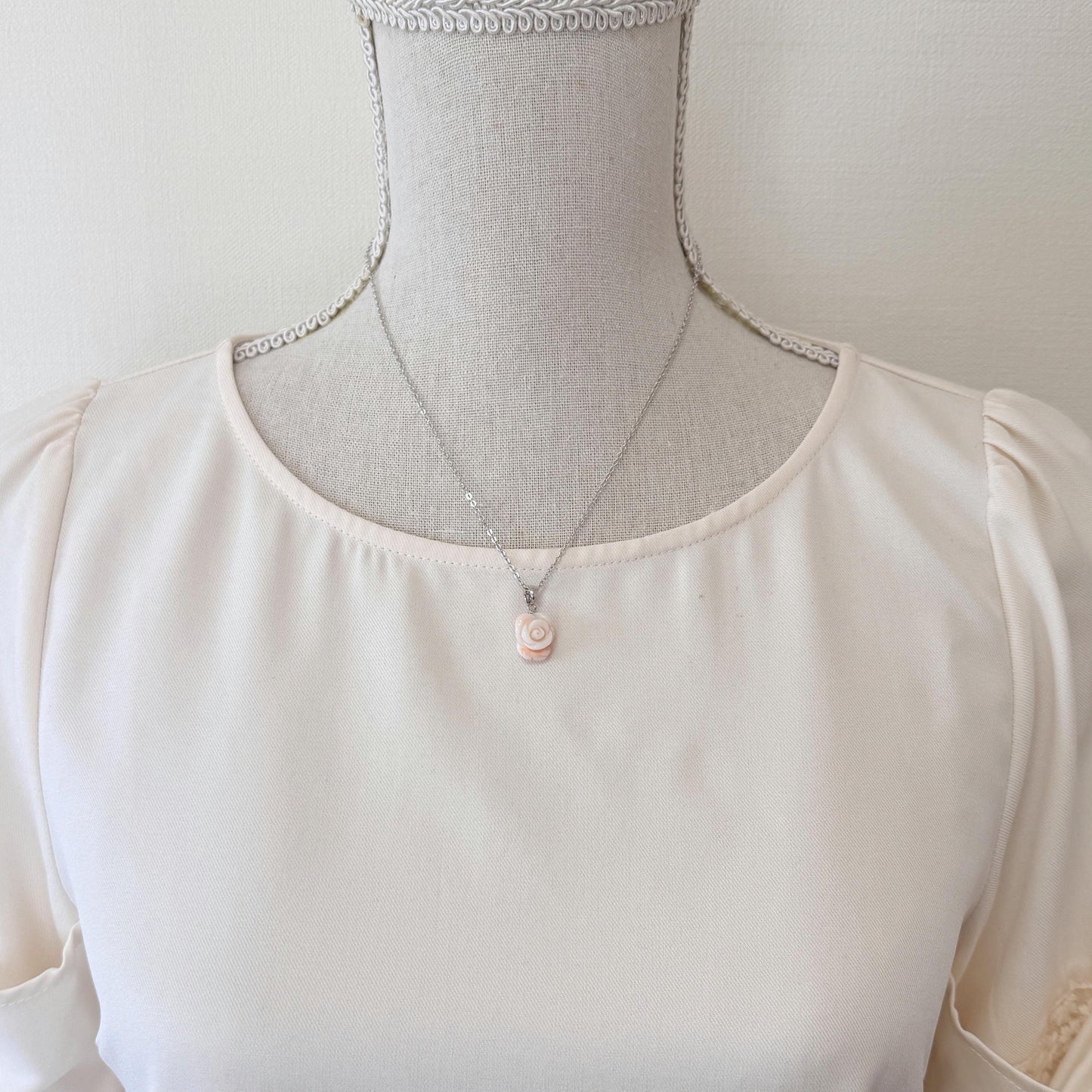 Genuine Coral Rose Pendant: Pink and White Carved Deep Sea Coral Jewelry (Silver Bail, 13.9x11.7mm, Amulet)