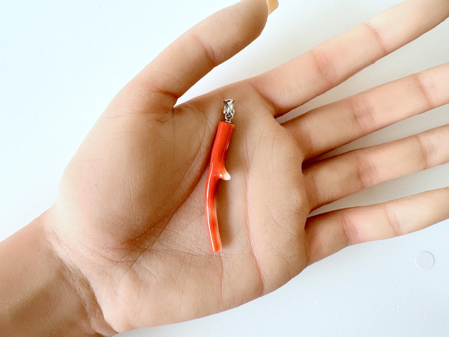 Momo Coral Branch Pendant Natural, Japanese Orange Coral (45mm Length, Rhodium-Plated Silver Bail, Unique Jewelry)