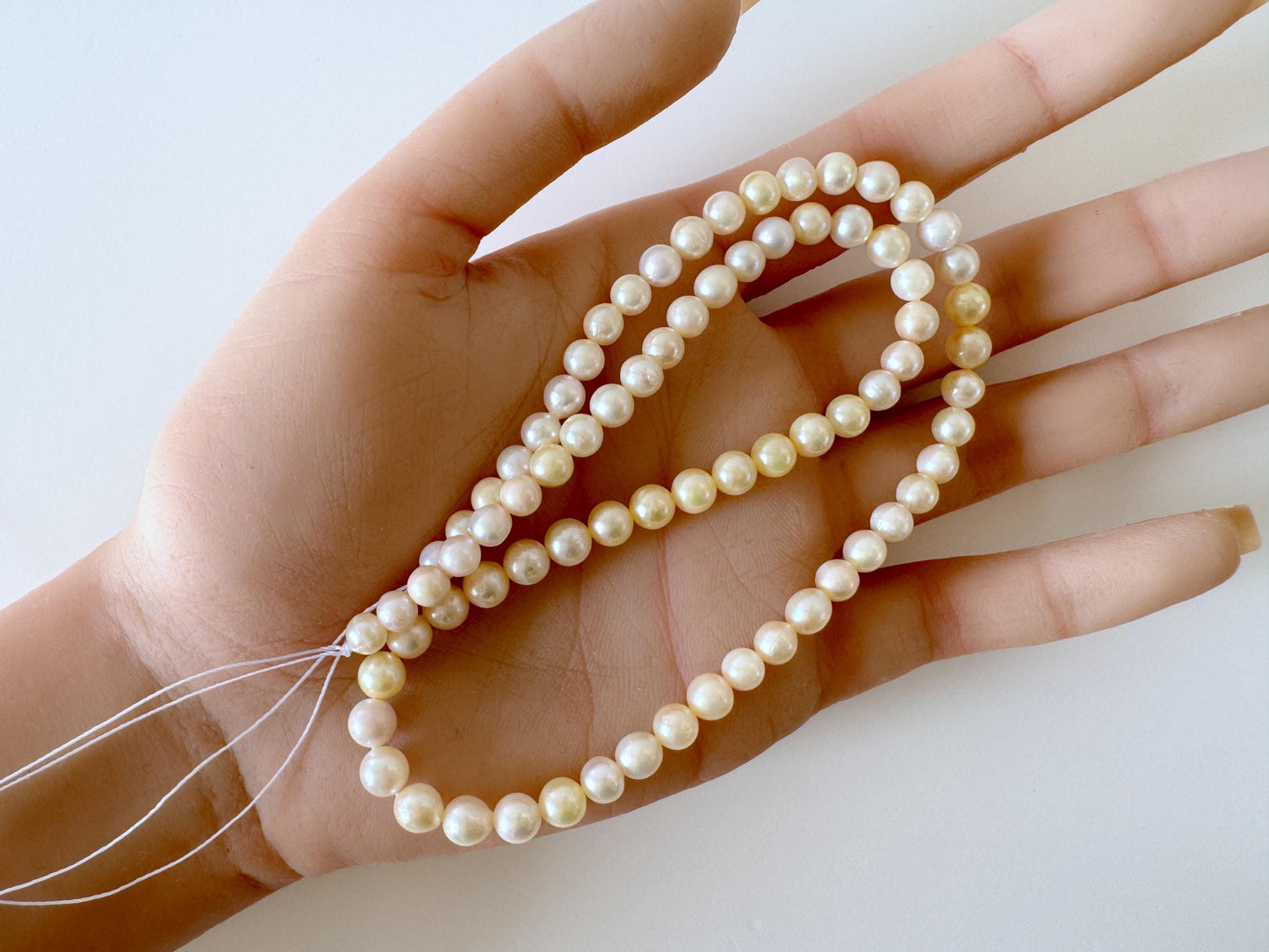 Japanese Akoya Pearl Strand - Cultured Saltwater Beads - 5-5.7mm Off Cream/Yellow, Full 40cm Length, Jewelry Crafts, Value-Priced
