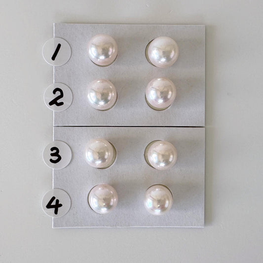 Japanese Akoya Cultured Pearl 8-8.5mm, White/Pink overtone Color, Half-Drilled Round loose, Price per Pair, Salt water pearl