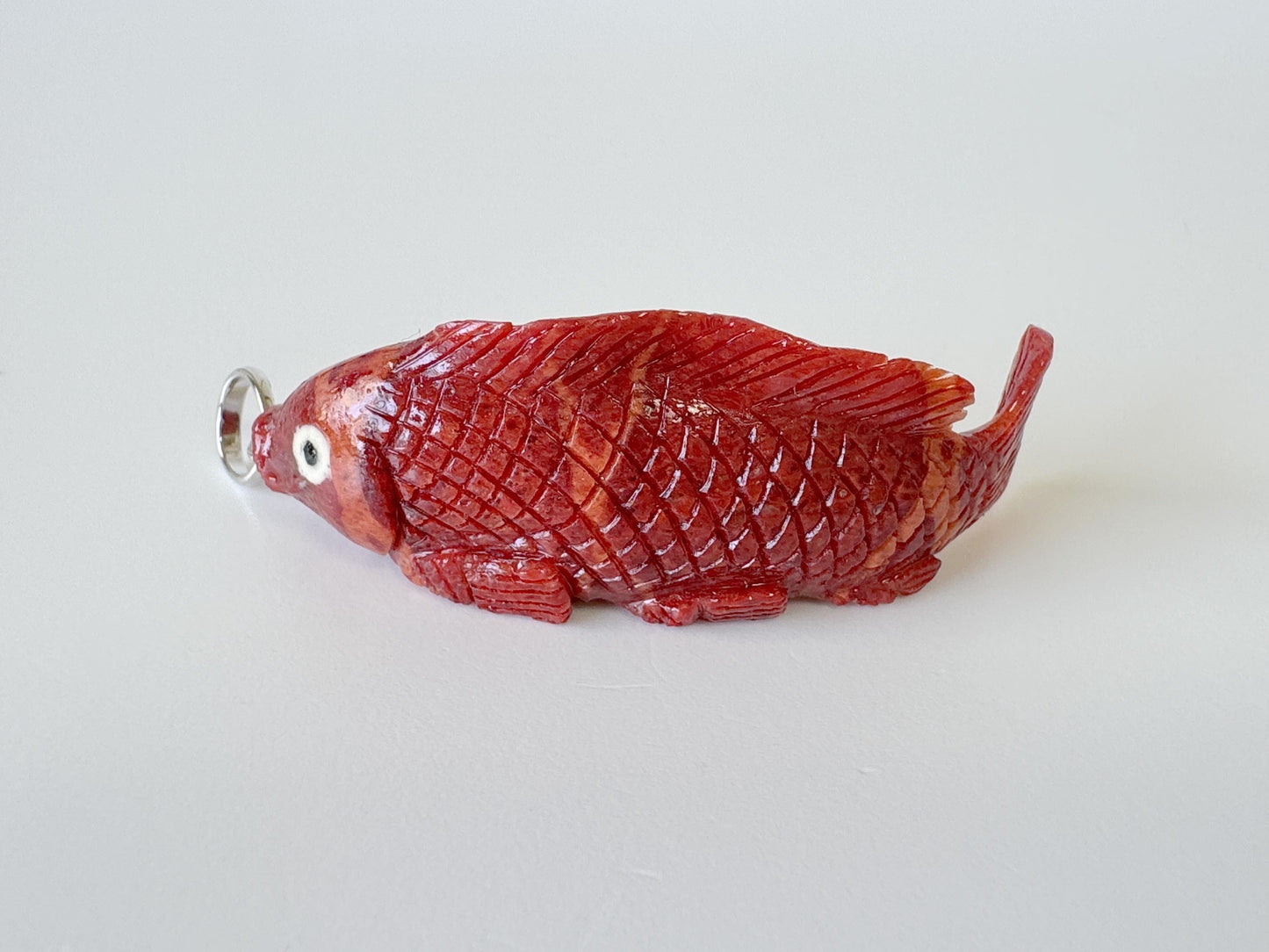 Natural Sponge Coral Carp Carving Pendant, 45mm, Apple Coral Fish Carving, Silver Bail (Rhodium plated)