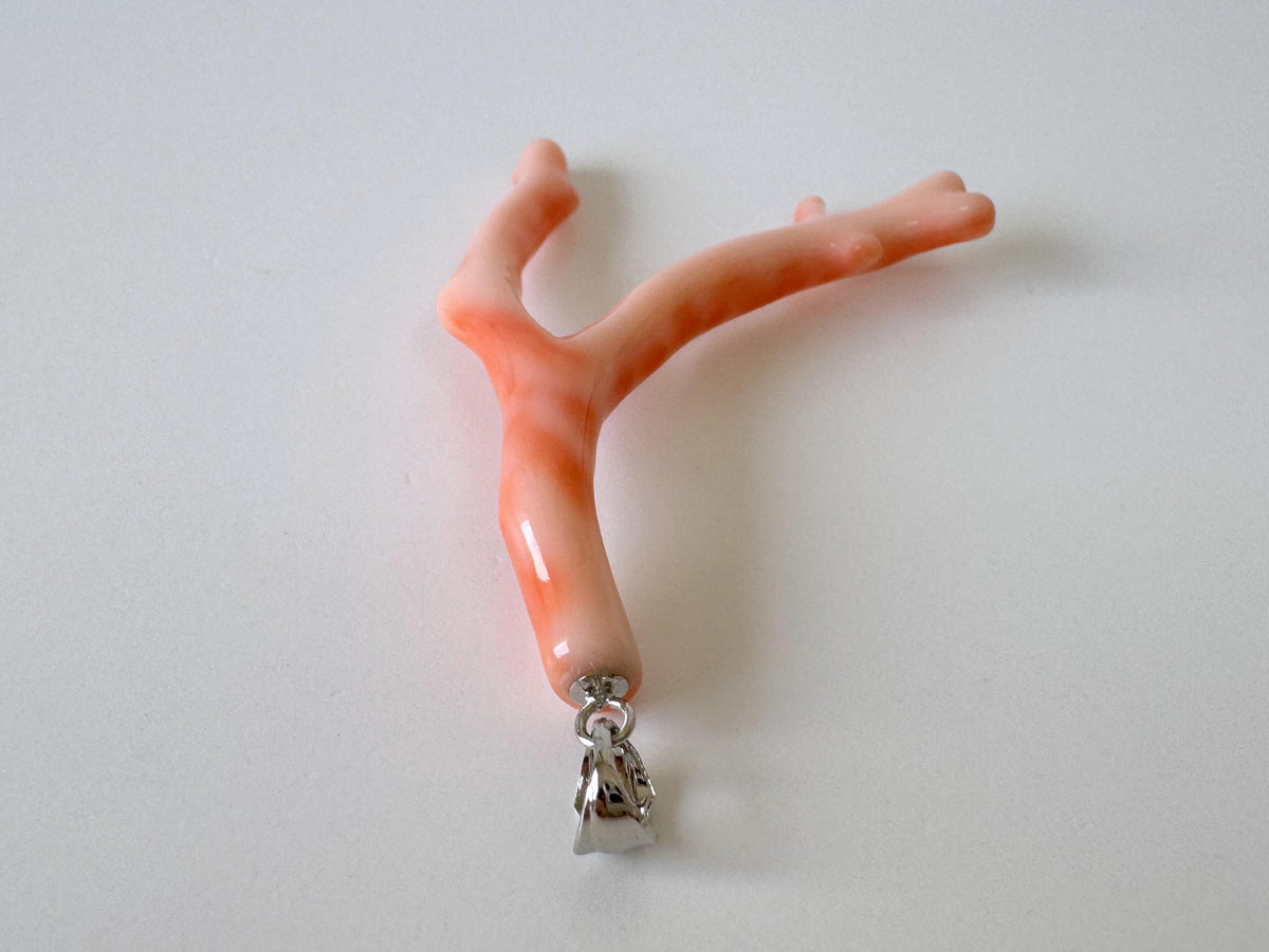 Coral Branch Pendant - Natural Deep Sea Coral Jewelry - Pink Orange Branch, Rhodium-Plated Silver Bail, 54mm Length