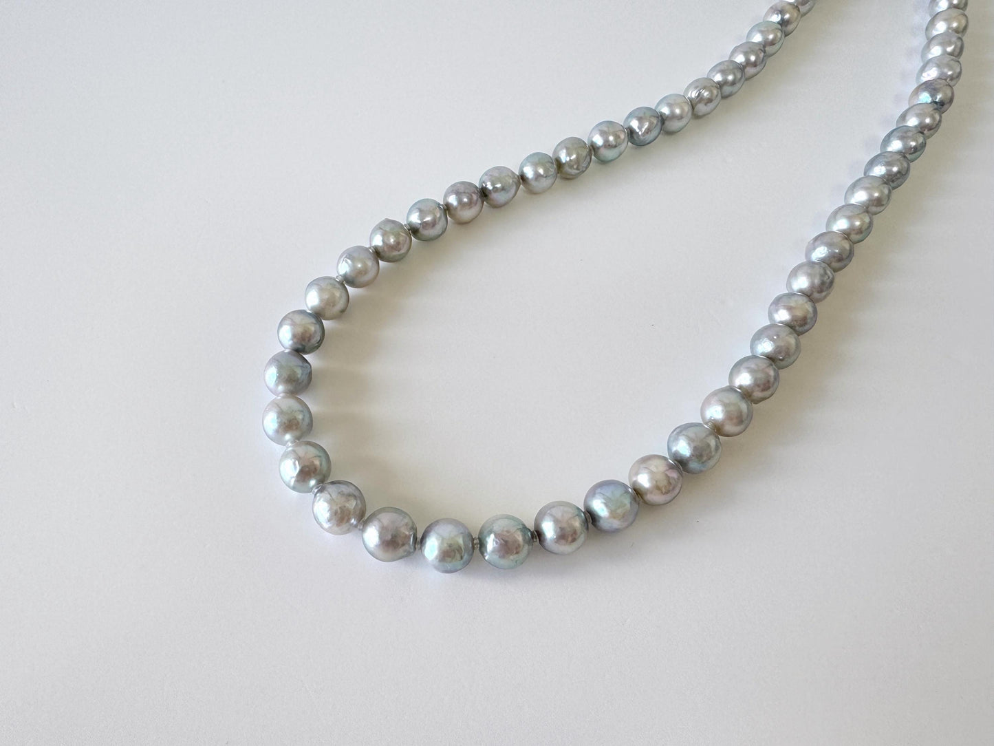 Japanese Akoya Pearl : Natural Blue Silver Color - Cultured Saltwater Pearls, 8-8.5mm Beads, Silver Clasp Necklace