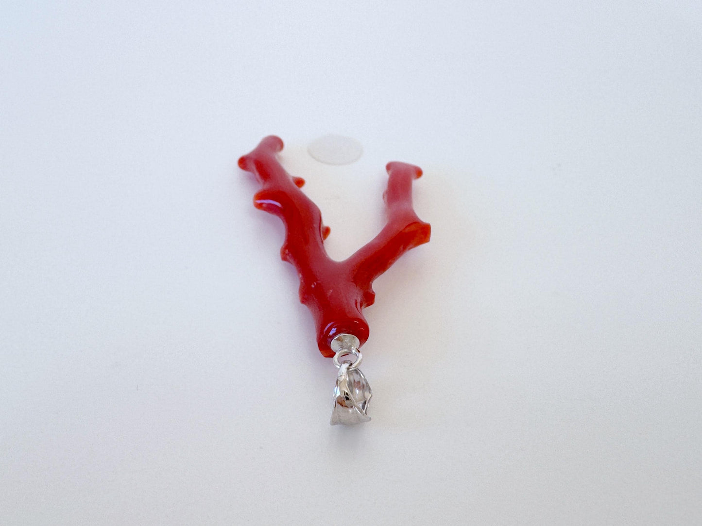 Natural Red Coral Branch Pendant: Oxblood Japanese Aka Coral, Rhodium Plated Silver Bail, 41mm