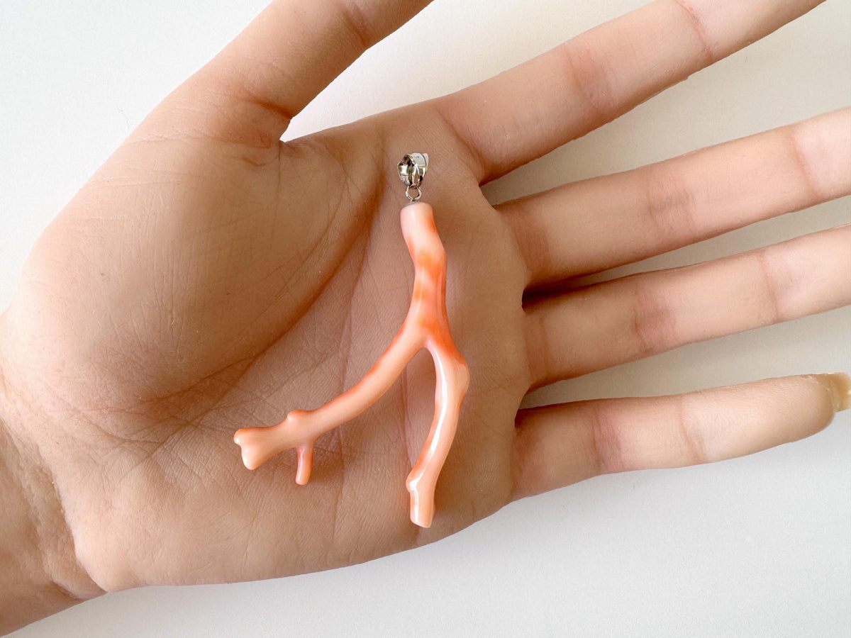 Coral Branch Pendant - Natural Deep Sea Coral Jewelry - Pink Orange Branch, Rhodium-Plated Silver Bail, 54mm Length