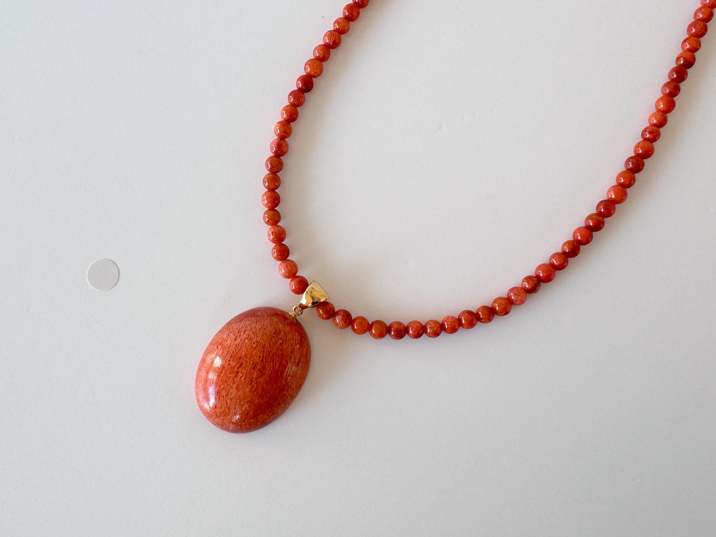 Sponge Coral Necklace with Oval Pendant, Bright Red, Brass Hook & Adjuster, Bail