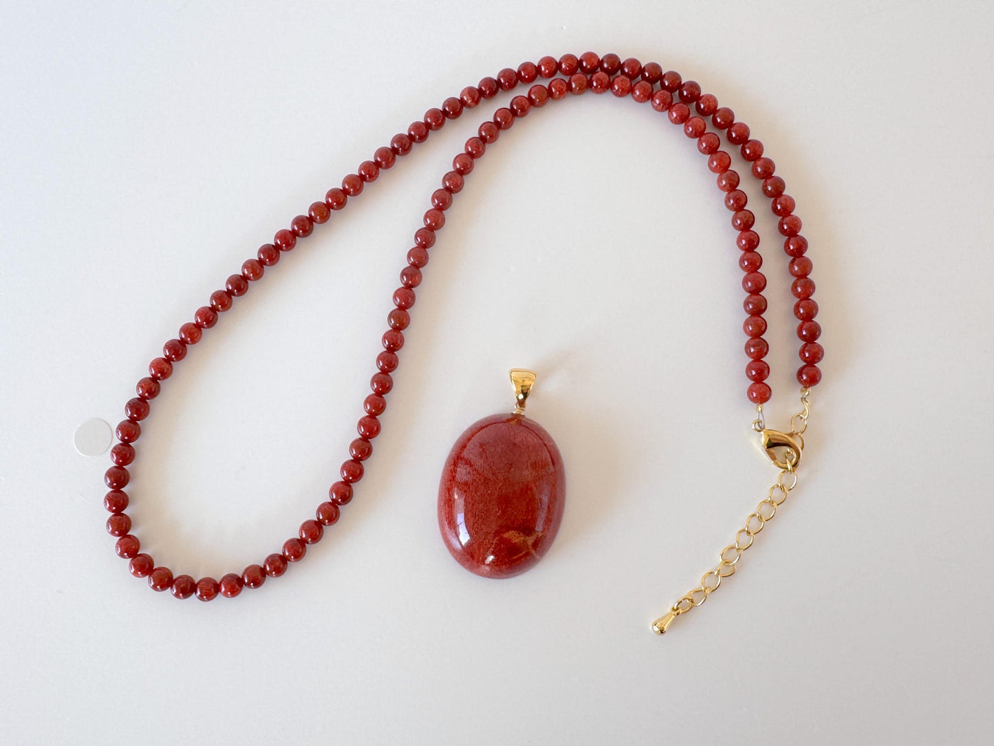 Sponge Coral Necklace with Oval Pendant, Dark Red, Brass Hook & Adjuster, Bail