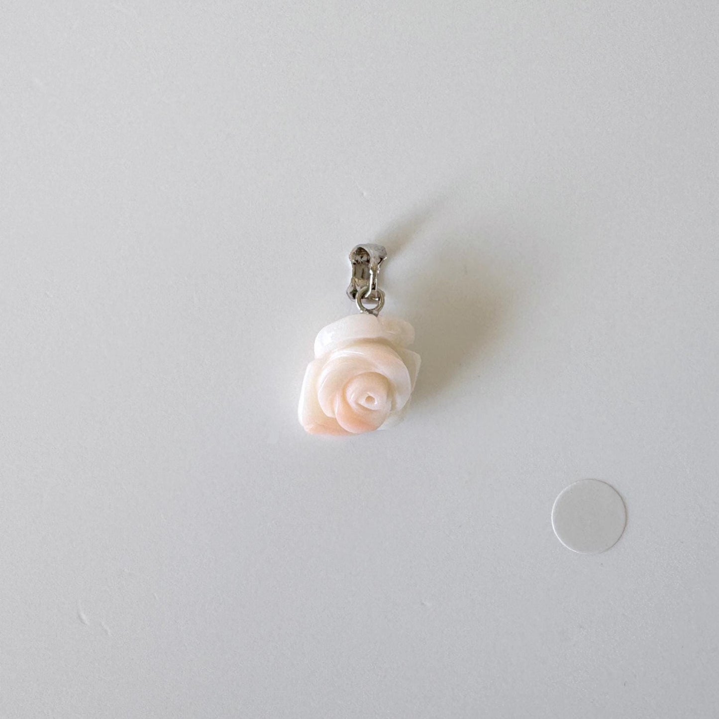 Deep Sea Coral Rose carved Pendant, 14.4x11.6mm, Natural Pink/White Color Coral, Silver (rhodium plated) bail, Genuine Coral Pendant