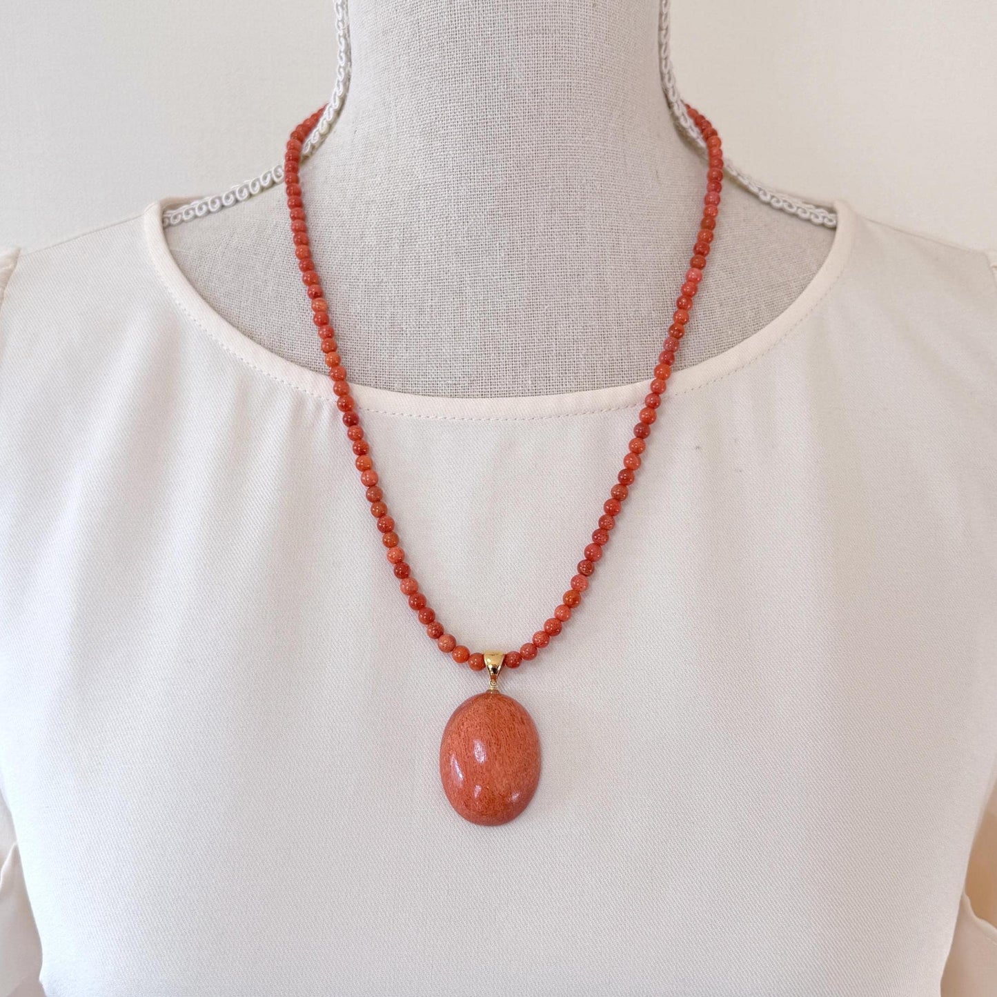 Sponge Coral Necklace with Oval Pendant, Bright Red, Brass Hook & Adjuster, Bail
