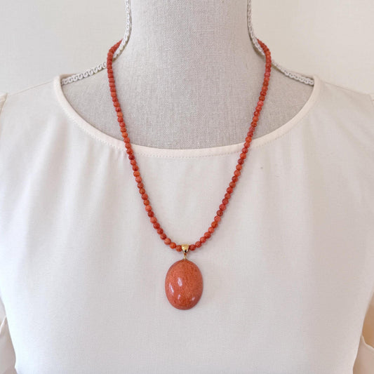 Sponge Coral Necklace with Oval Pendant, Bright Red, Brass Hook & Adjuster, Bail