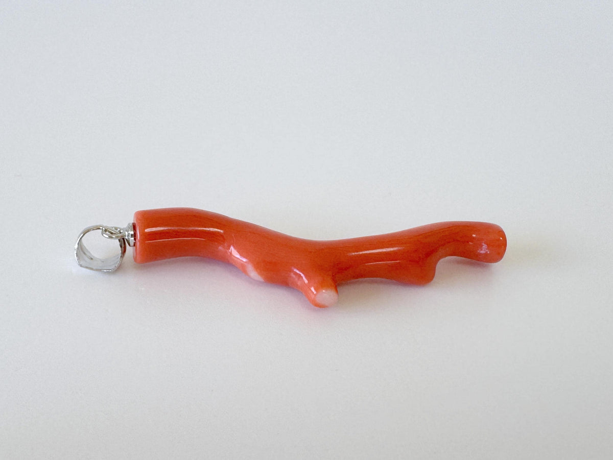Momo Coral Branch Pendant Natural Jewelry, Japanese Orange Coral (47mm Length, Rhodium-Plated Silver Bail)