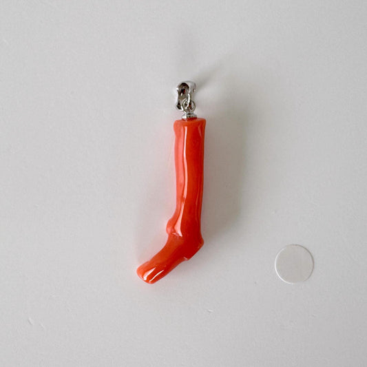 Natural Red (Aka) Coral Branch Pendant, Vermilion Natural Color Japanese Coral, Length 33mm, Silver bail (rhodium plated)