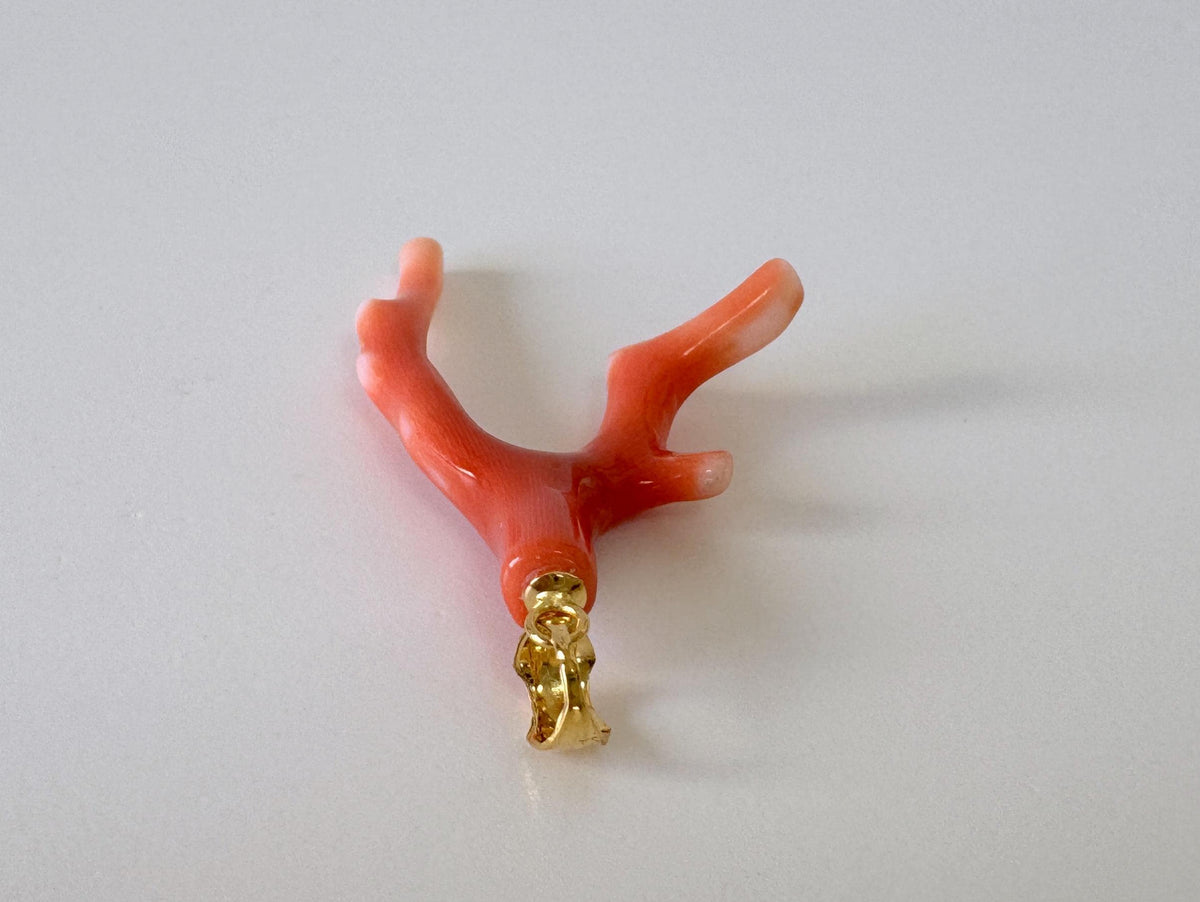 Momo Coral Branch Pendant Natural, Japanese Orange Coral (40mm Length, Silver Gold-Plated Bail, Genuine)