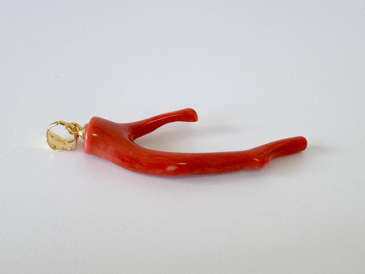 Momo Coral Branch Pendant Natural Jewelry: Vermilion Orange Japanese Coral (42mm, Silver Gold-Plated Bail, Lightweight)