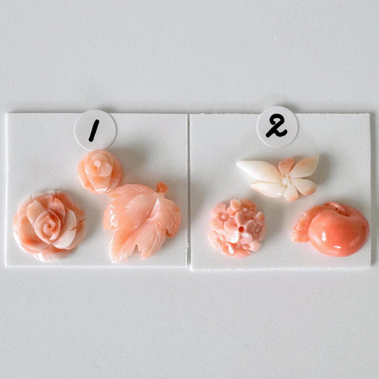 Natural Deep Sea Coral Carvings Loose Set of 3 Pieces, Pink/Orange Color Coral, Natural Color, Back Hole, Flat Back, Price per Set