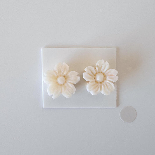 Natural Coral Carving - White Cherry Blossom, 15.5mm Sakura Pair