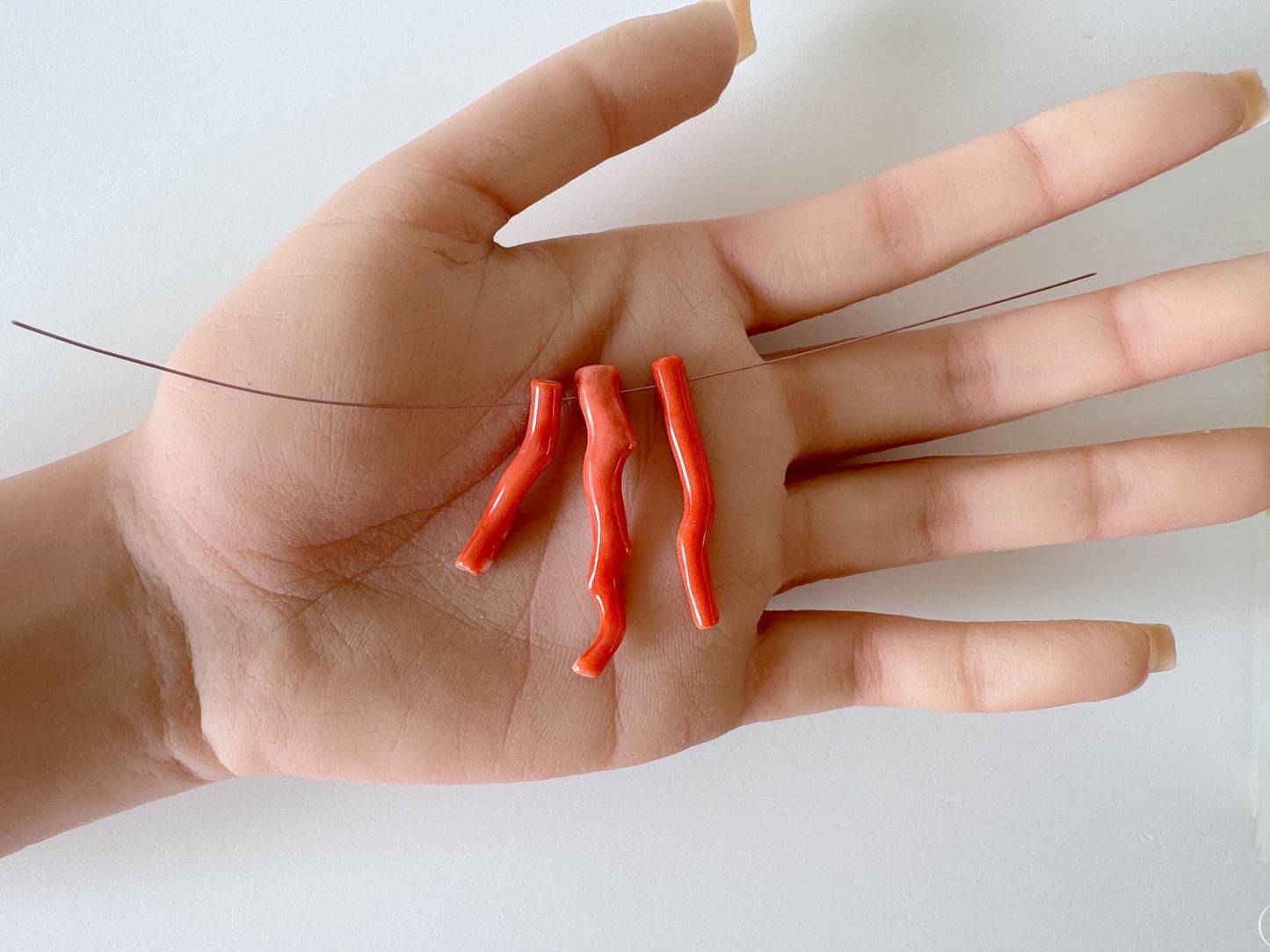 Natural Japanese Momo Coral branches, Set of 3pcs, Natural Orange Color, Side Full-Hole, Genuine Precious Coral, for Jewelry Making