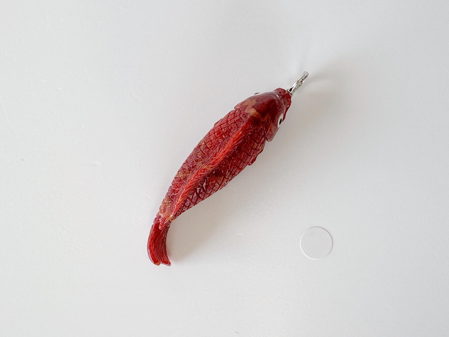 Natural Sponge Coral Carp Carving Pendant, 50mm, Apple Coral Fish Carving, Silver Bail (Rhodium plated)