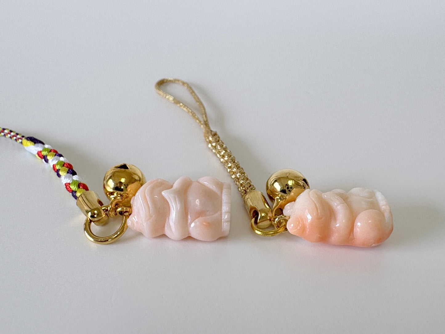 Lucky charm, Natural Deep sea coral Praying Frog key strap, Netsuke strap, Natural color precious coral