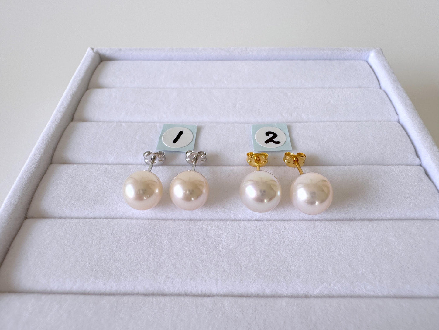 Japanese White Akoya Pearl Stud Earrings, 8.5mm, Silver 925 Post/Ear Nuts, Genuine Akoya Pearl, Salt water cultured pearl