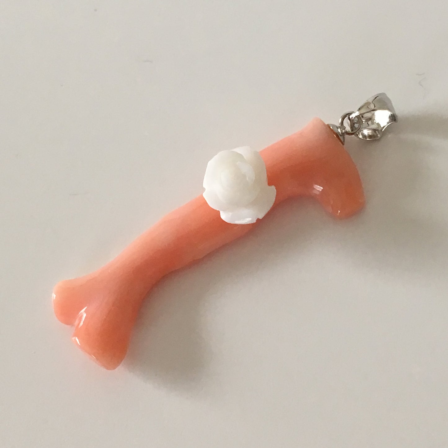 Natural deep sea coral pendant with natural white coral rose, Natural pink orange coral branch pendant, Silver bail