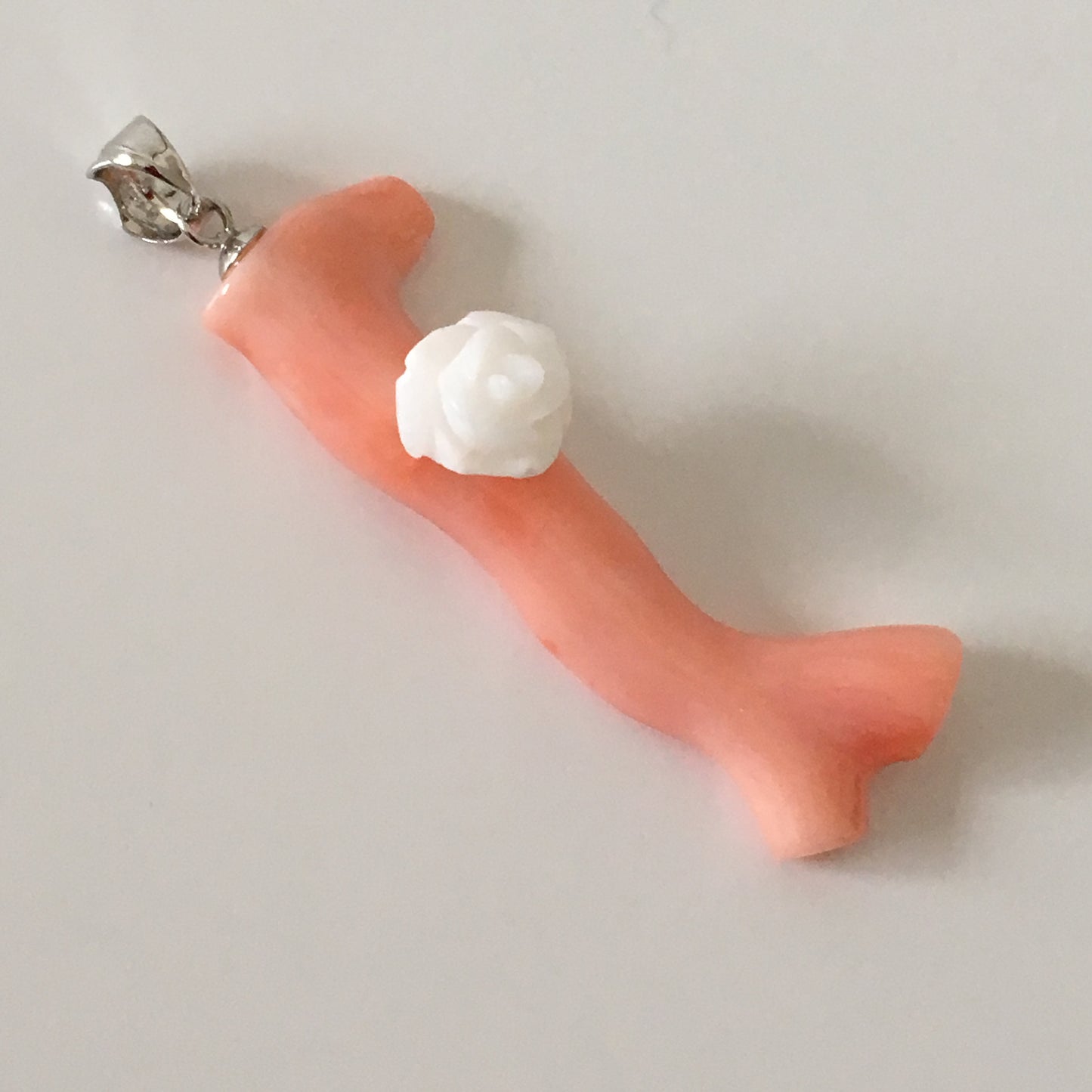 Natural deep sea coral pendant with natural white coral rose, Natural pink orange coral branch pendant, Silver bail