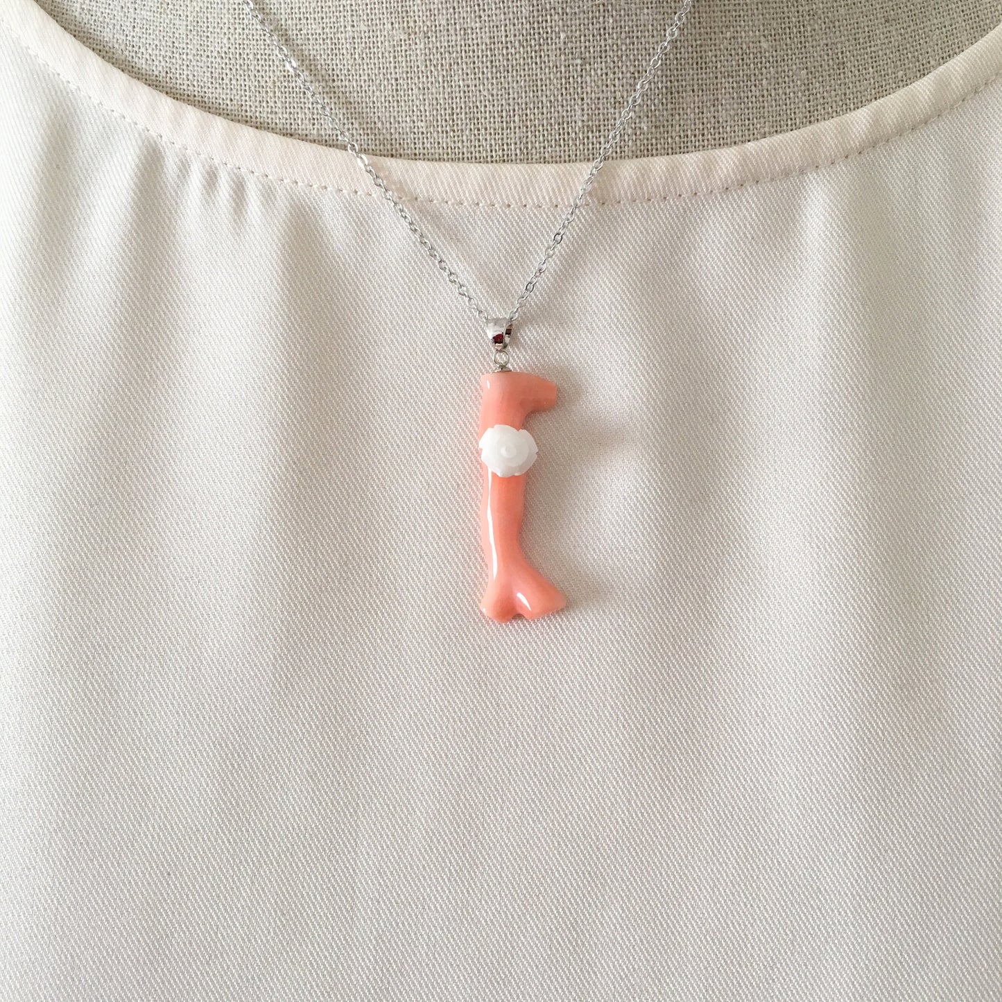 Natural deep sea coral pendant with natural white coral rose, Natural pink orange coral branch pendant, Silver bail