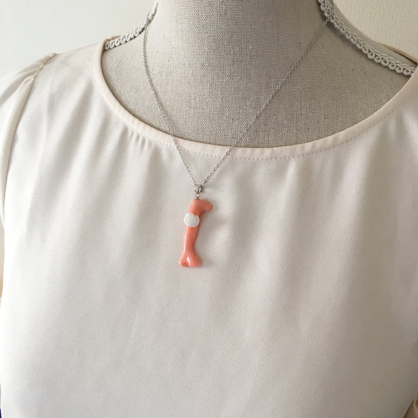 Natural deep sea coral pendant with natural white coral rose, Natural pink orange coral branch pendant, Silver bail