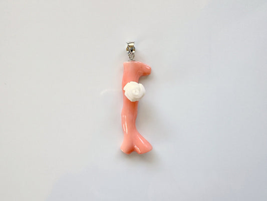 Natural deep sea coral pendant with natural white coral rose, Natural pink orange coral branch pendant, Silver bail