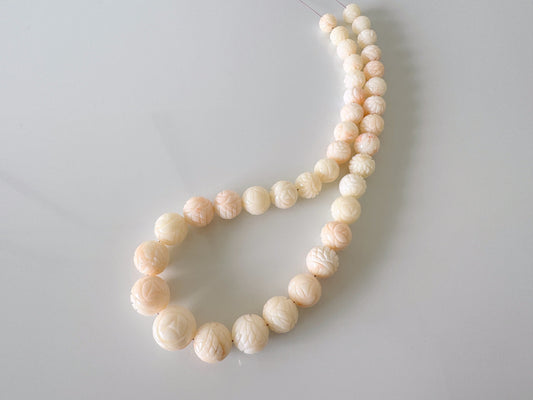 Natural Deep Sea Coral Round Carved Beads Strand 8.7-15.5mm, 15.3inches, 40cm, Natural White/Slightly Pink Color Coral