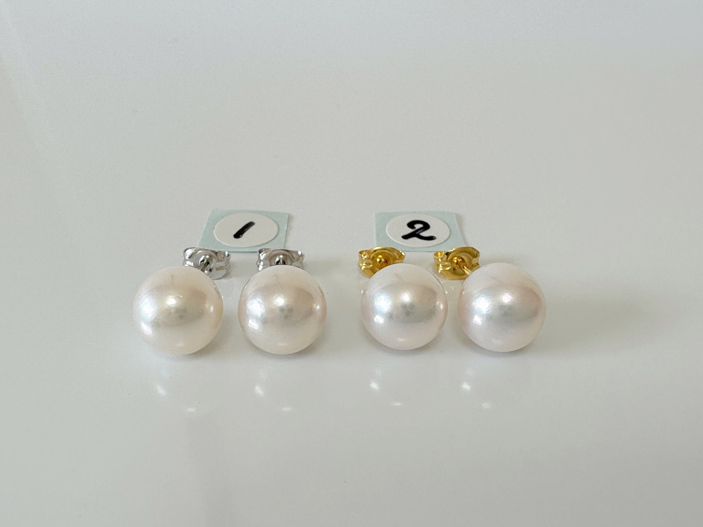 Japanese White Akoya Pearl Stud Earrings, 8mm, Silver 925 Post/Ear Nuts, Genuine Akoya Pearl, Salt water cultured pearl