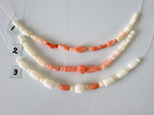 Natural Deep Sea Coral & White Coral Short Strand Beads with Carving Beads, Pink/Orange/White Coral Beads, 11-12cm, Natural Color Coral