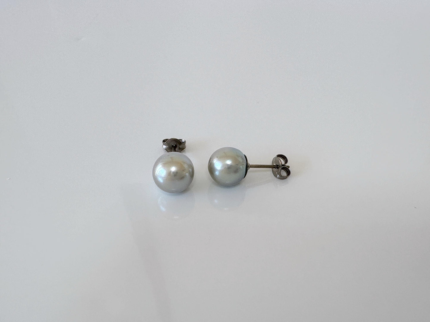 Japanese Blue/Silver (Treated) Akoya Pearl Stud Earrings , 8mm, Titanium Post/Ear Nuts, Genuine Akoya Pearl, Salt water pearl, Value-priced