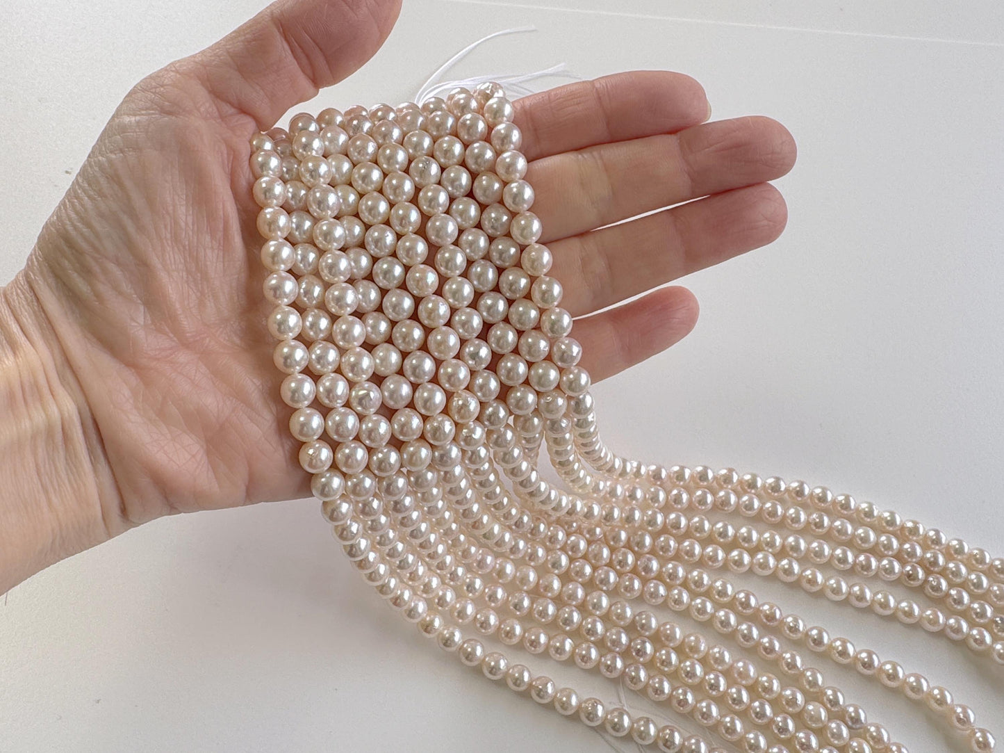 6.5-7mm Japanese White/Pink Akoya Pearl Beads, Genuine Akoya Pearl, Full Strand, 40cm , 15.7", Cultured Salt water pearl