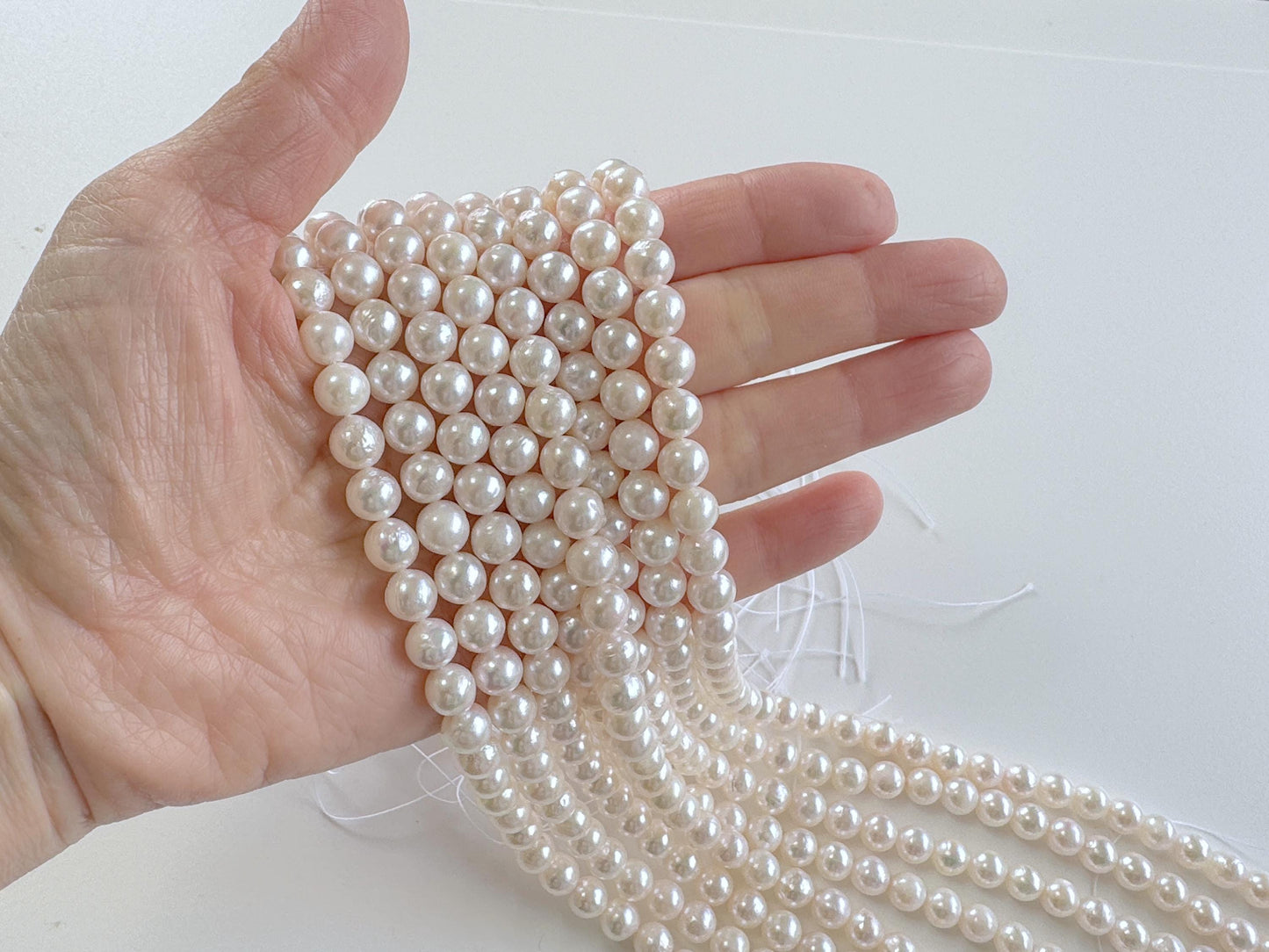 7.5-8mm Japanese White/Pink Akoya Pearl Beads, Genuine Akoya Pearl, Full Strand, 40cm , 15.7", Cultured Salt water pearl