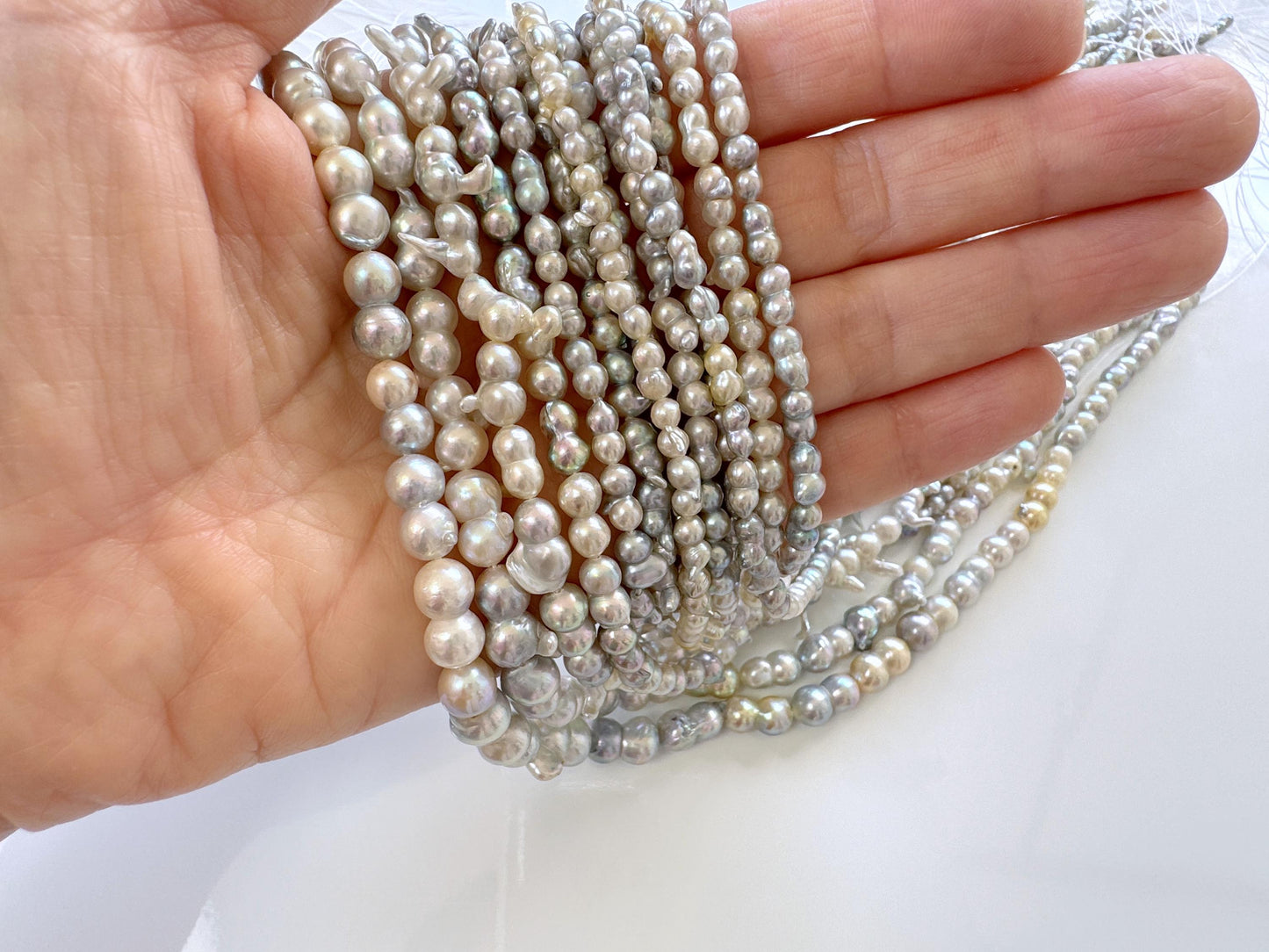 3x6 - 4x8mm Japanese Akoya Pearl Twin Beads, Natural blue/silver color pearl, Genuine Akoya Salt water Pearl, Full Strand, 40cm ,15.7"