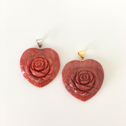 Natural sponge coral  heart with rose carving pendant 36x36mm,  price per piece