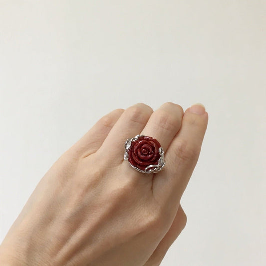 Natural sponge coral rose silver ring,  size is Jp 11, US 6, UK L, IT 51