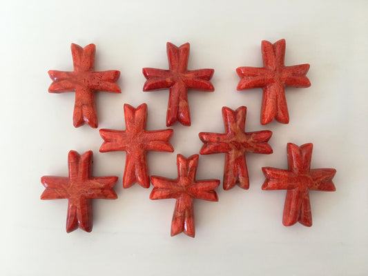 Natural sponge coral cross loose 37x32mm, Apple coral cross loose, For jewelry making, Price per piece (No hole/Hole on top/Side full hole)