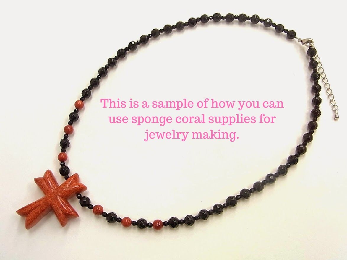 Natural sponge coral cross loose 37x32mm, Apple coral cross loose, For jewelry making, Price per piece (No hole/Hole on top/Side full hole)