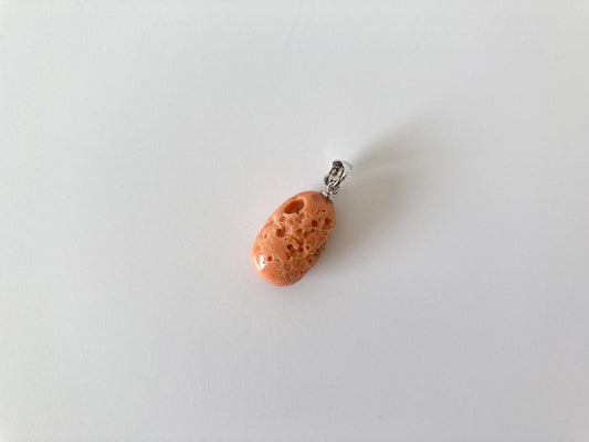 Genuine Momo Coral Pendant, Oval Shaped, Natural Orange Color Coral / Undyed / Silver bail (Rhodium-Plated) / 28.9 x 12.8mm