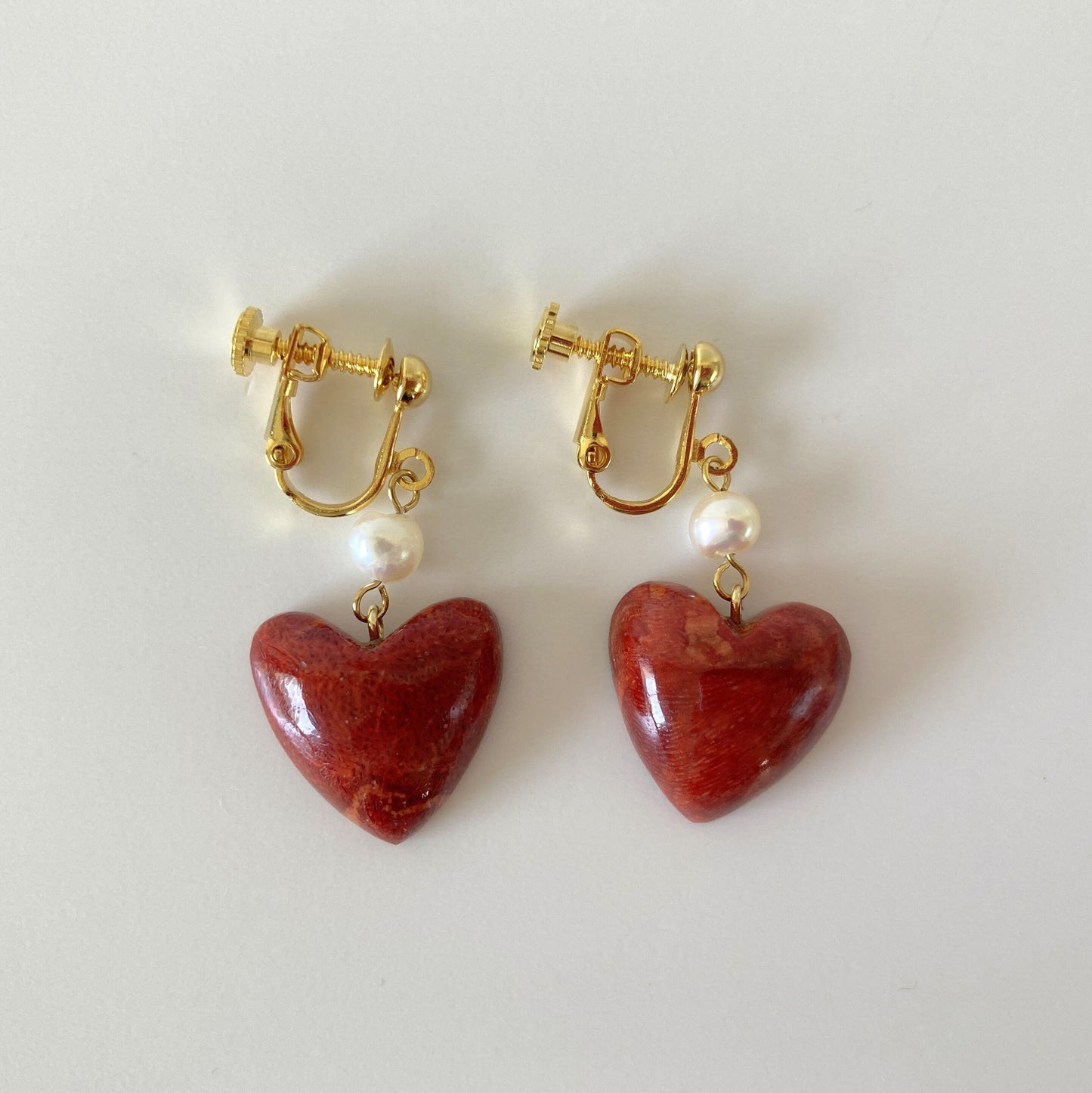 Sponge Coral Stud Earring or Screw Clip Earring, Heart shape natural African coral and fresh water pearl,  Dangle and drop, Genuine coral