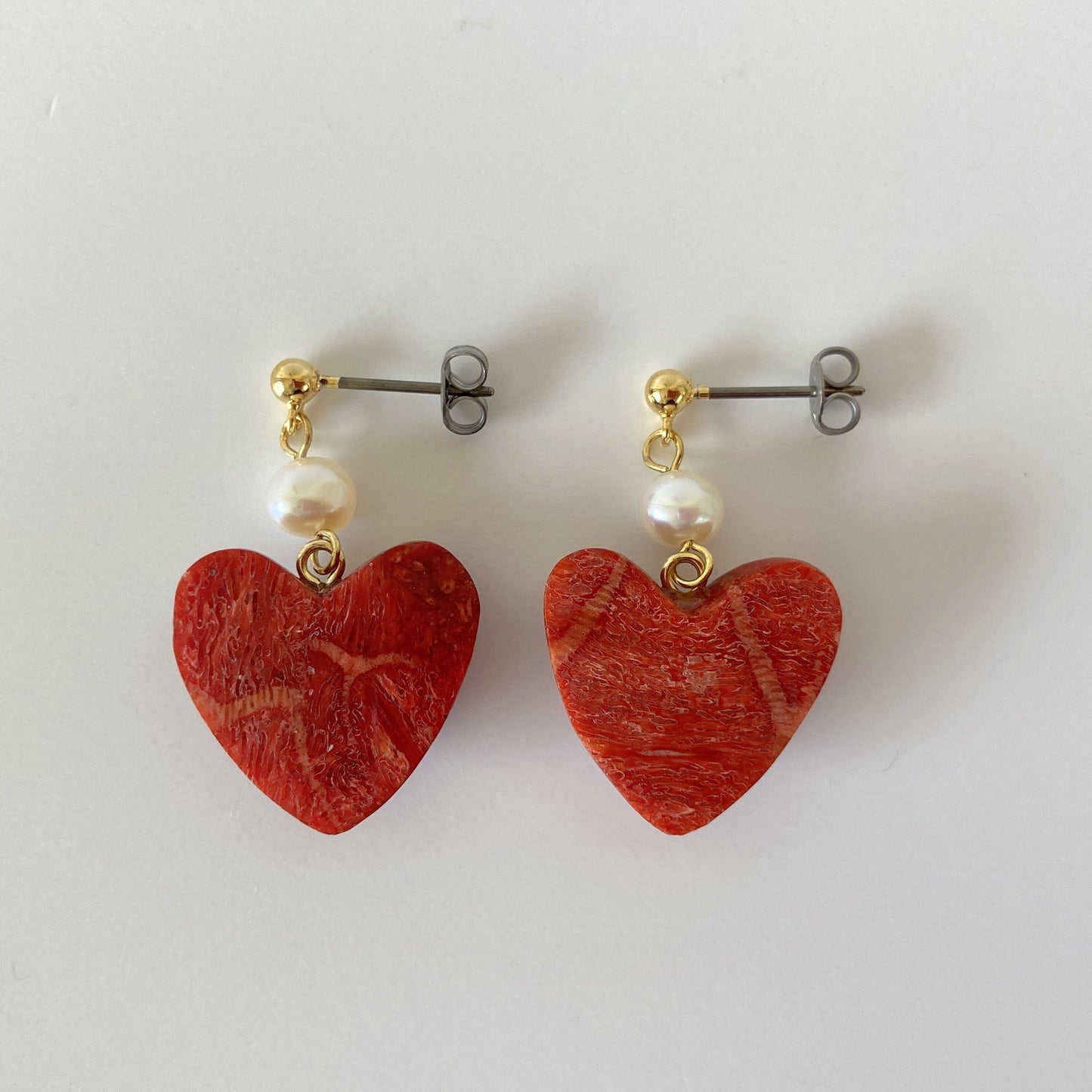 Sponge Coral Stud Earring or Screw Clip Earring, Heart shape natural African coral and fresh water pearl,  Dangle and drop, Genuine coral